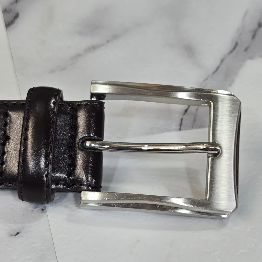 KM Legend Mens 46 Black Leather Dress Belt Silver Buckle Work Formal Classic